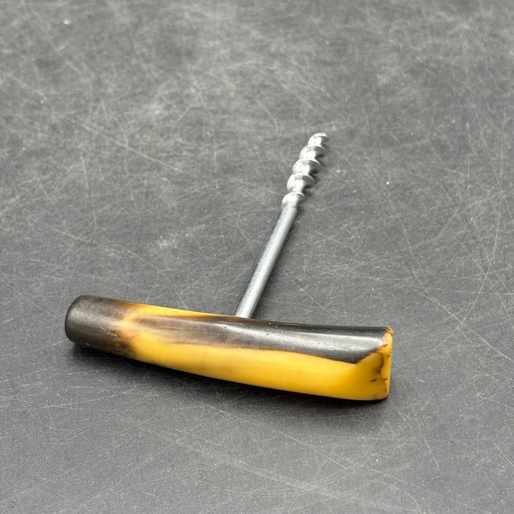 Vtg MCM T-Handle Corkscrew Faux Horn Marbled Yellow Brown Barware Wine Opener